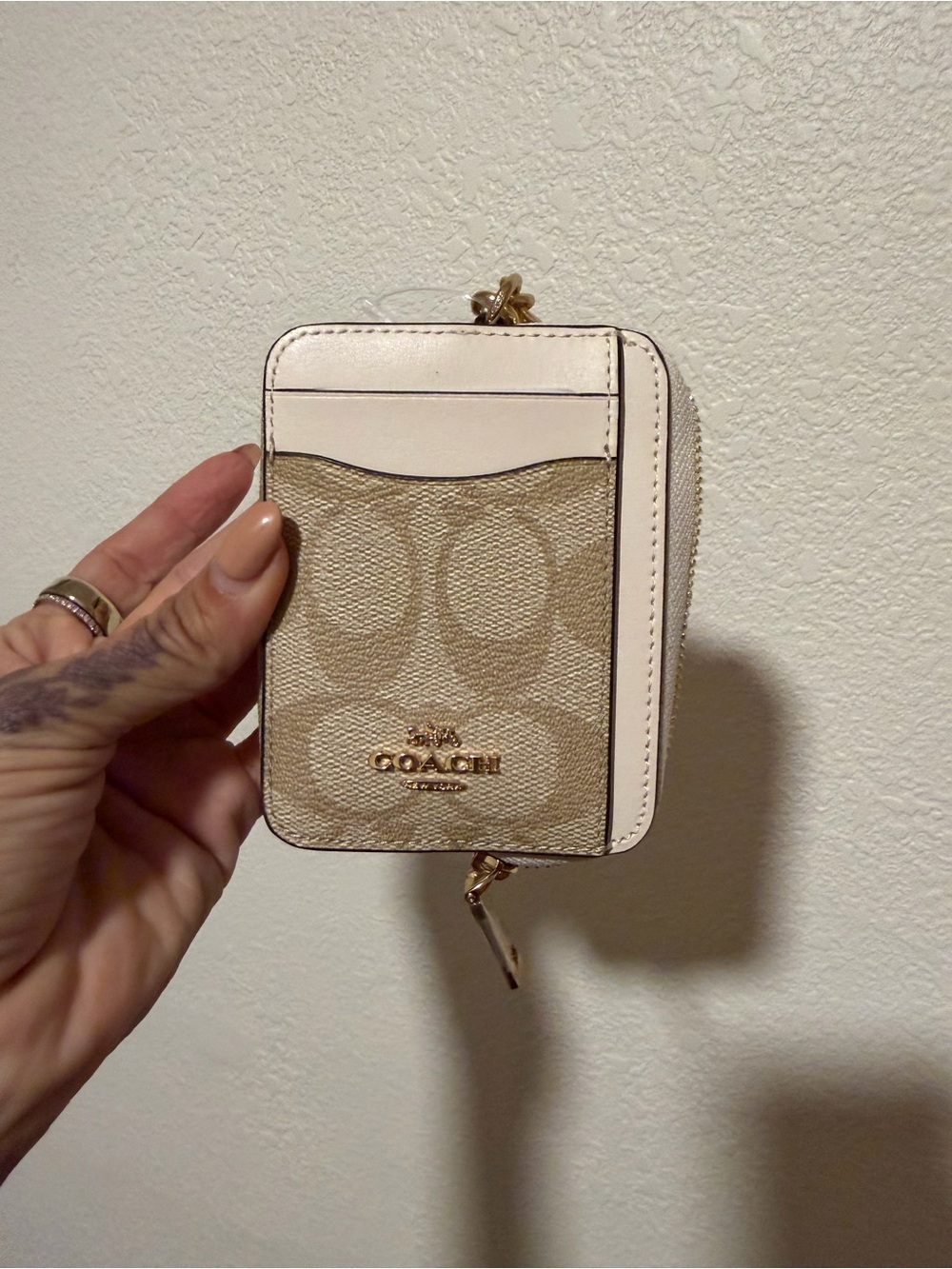 Coach Beige Signature Zip Card Case with Cream Trim